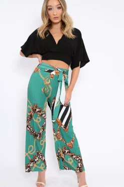 Rebellious Fashion Green Chain Pleated Wide Leg Trousers - Neola