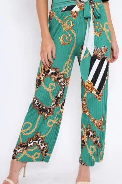 Rebellious Fashion Green Chain Pleated Wide Leg Trousers - Neola