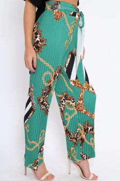 Rebellious Fashion Green Chain Pleated Wide Leg Trousers - Neola
