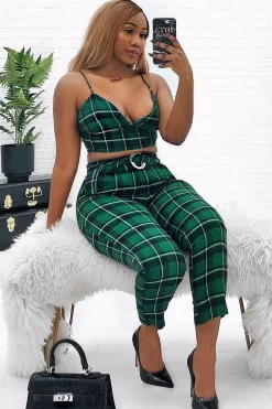Rebellious Fashion Green Check Bralet And Belted Trouser Co-ord - Brilyn