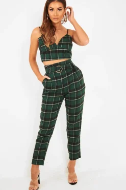 Rebellious Fashion Green Check Bralet And Belted Trouser Co-ord - Brilyn