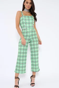 Rebellious Fashion Green Check Silver Button Detail Jumpsuit - Lavaeh