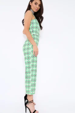 Rebellious Fashion Green Check Silver Button Detail Jumpsuit - Lavaeh