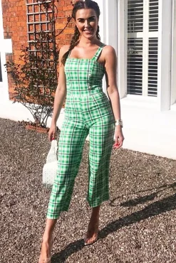 Rebellious Fashion Green Check Silver Button Detail Jumpsuit - Lavaeh