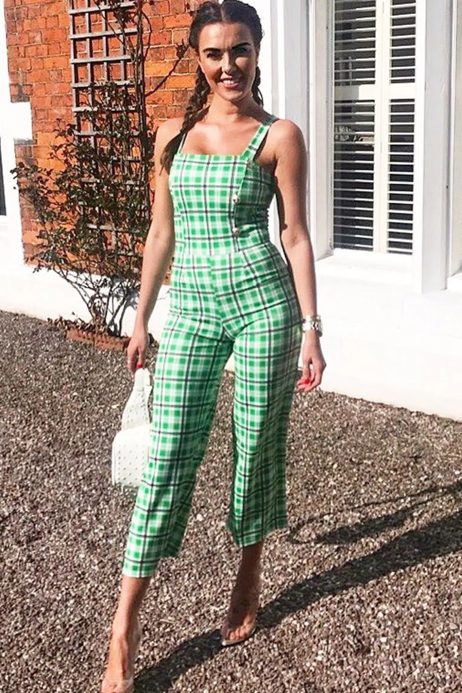 Rebellious Fashion Green Check Silver Button Detail Jumpsuit - Lavaeh