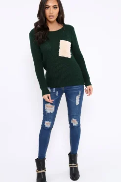 Rebellious Fashion Green Chunky Knit Fur Pocket Jumper - Alois