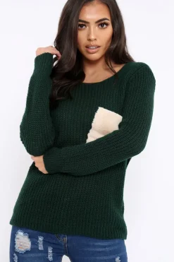 Rebellious Fashion Green Chunky Knit Fur Pocket Jumper - Alois
