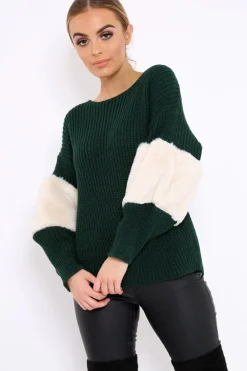 Rebellious Fashion Green Chunky Knit Fur Sleeve Jumper - Kimberly