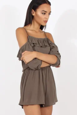 Rebellious Fashion Green Cold Shoulder Frill Layer Playsuit - Diana