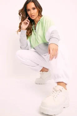 Rebellious Fashion Green Colour Block 3/4 Zip Hoodie - Carlie