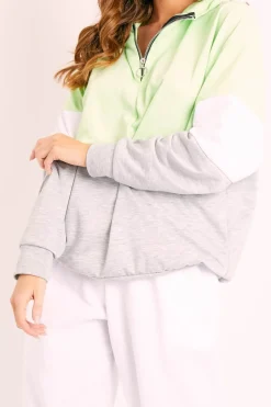 Rebellious Fashion Green Colour Block 3/4 Zip Hoodie - Carlie