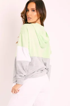 Rebellious Fashion Green Colour Block 3/4 Zip Hoodie - Carlie