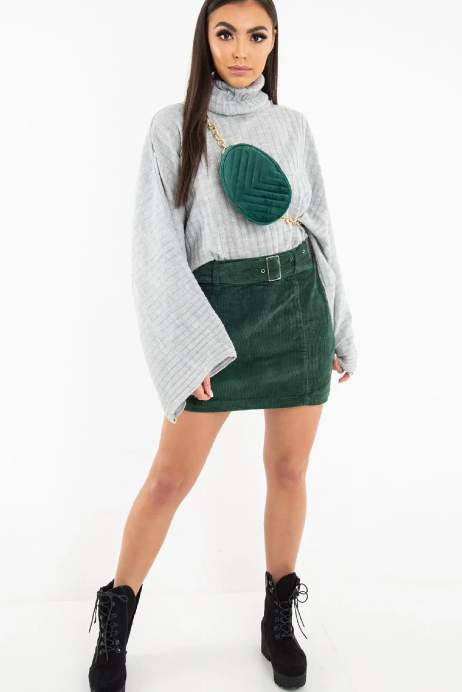 Rebellious Fashion Green Corduroy Belted Mini Skirt - Mariel
