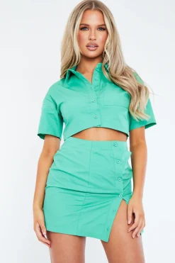Rebellious Fashion Green Cropped Shirt & Mini Skirt Set - Cathy