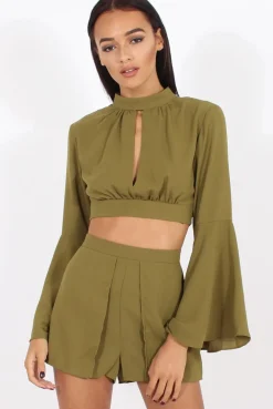 Rebellious Fashion Green Cut Out Bell Sleeve Co-ord - Leia
