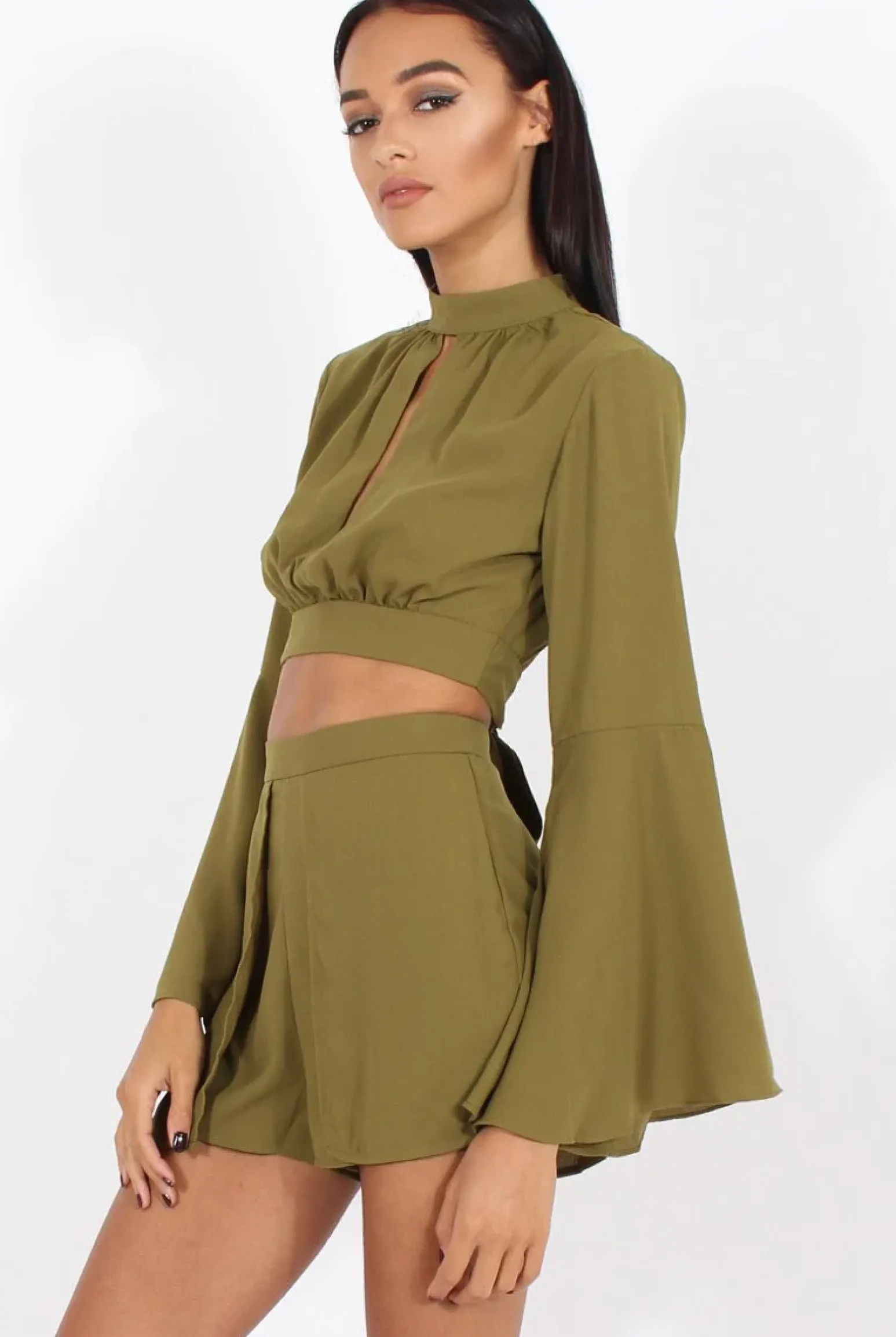 Rebellious Fashion Green Cut Out Bell Sleeve Co-ord - Leia