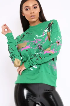Rebellious Fashion Green Distressed Paint Splatter Jumper - Mina