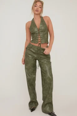 Rebellious Fashion Green Faux Leather Low Rise Trousers - Charity