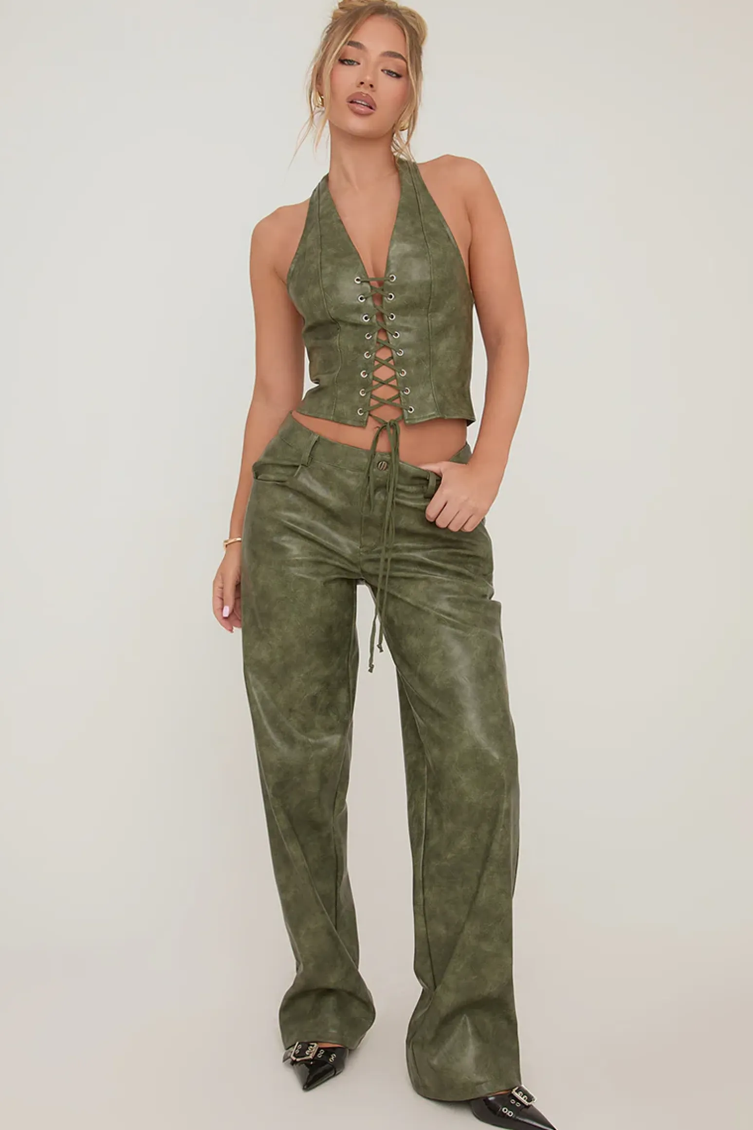 Rebellious Fashion Green Faux Leather Low Rise Trousers - Charity