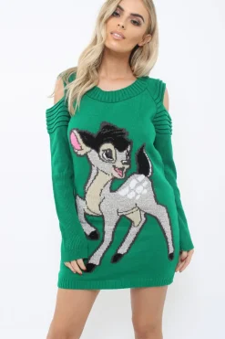 Rebellious Fashion Green Festive Deer Cold Shouldered Jumper Dress - Catarina