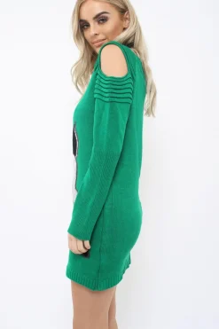 Rebellious Fashion Green Festive Deer Cold Shouldered Jumper Dress - Catarina