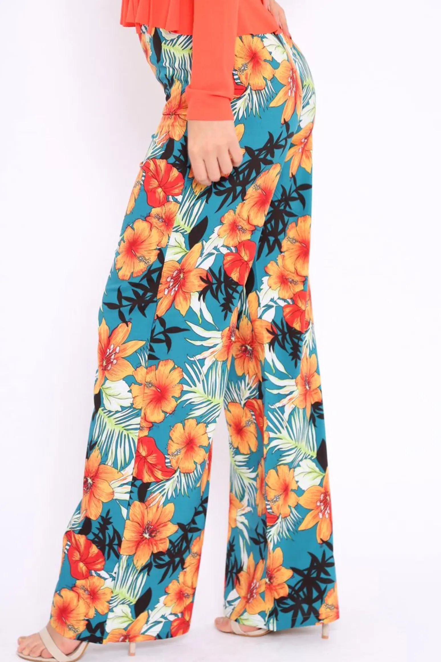 Rebellious Fashion Green Floral High Waist Flare Trousers - Tisha