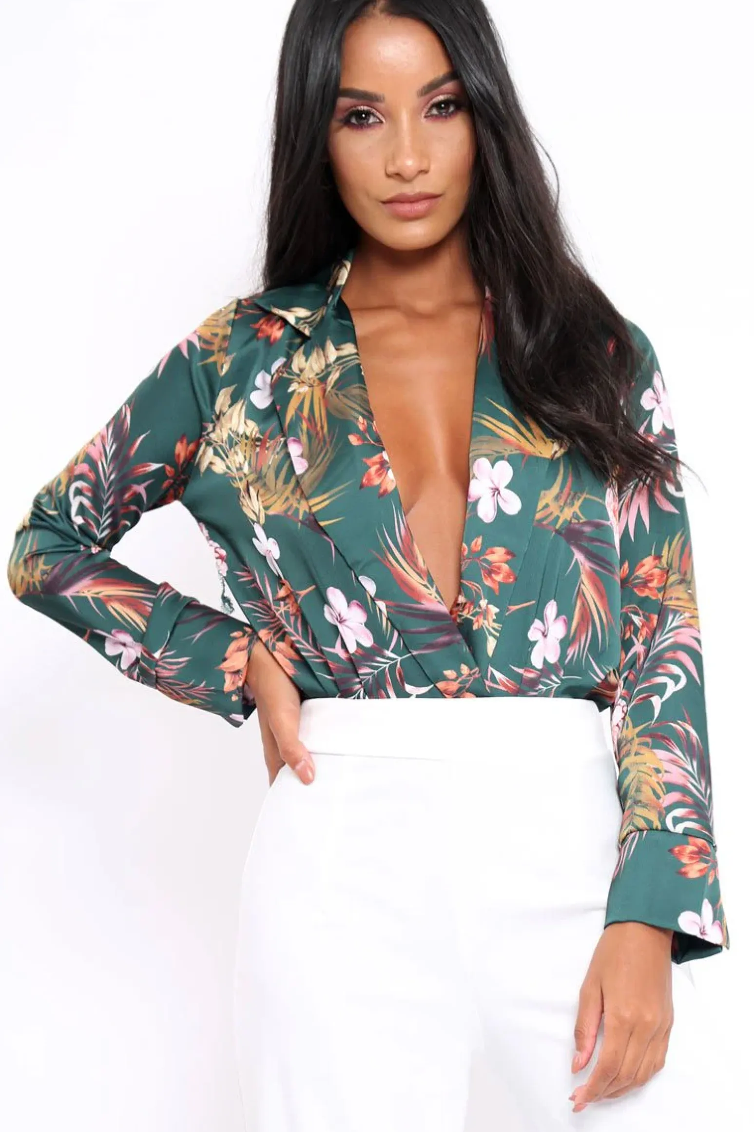 Rebellious Fashion Green Floral Plunge Satin Bodysuit - Rebeka
