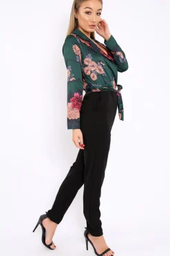 Rebellious Fashion Green Floral Plunge Satin Wrap Front Jumpsuit - Talulah