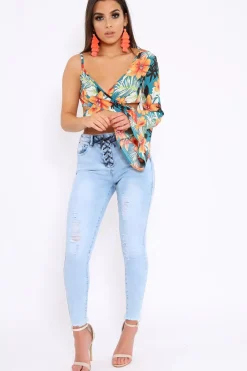 Rebellious Fashion Green Floral Print Asymmetrical Sleeve Crop Top - Clarinda