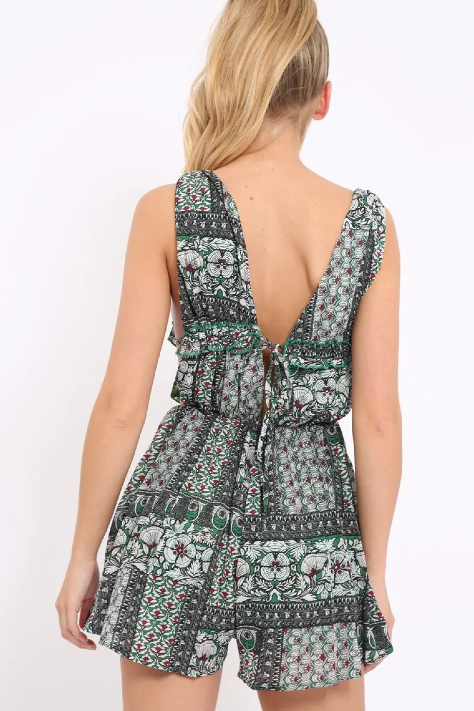 Rebellious Fashion Green Floral Print Plunge Tie Back Pleated Playsuit - Remy