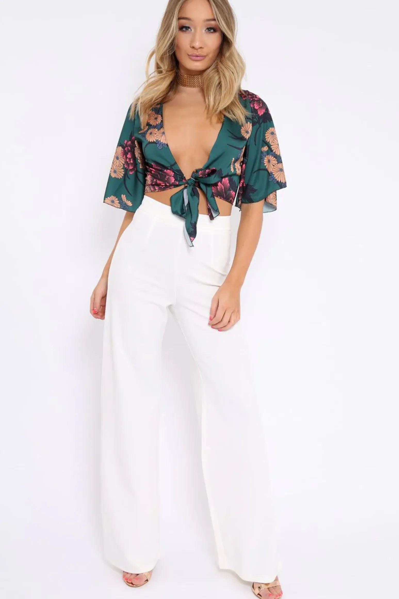 Rebellious Fashion Green Floral Print Satin Tie Crop Top - Kynslee