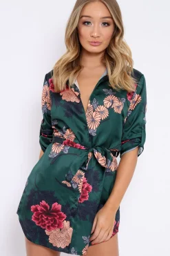 Rebellious Fashion Green Floral Satin Shirt Tie Dress - Sophina