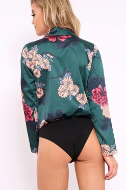 Rebellious Fashion Green Flower Print Plunge Satin Bodysuit - Madelynn