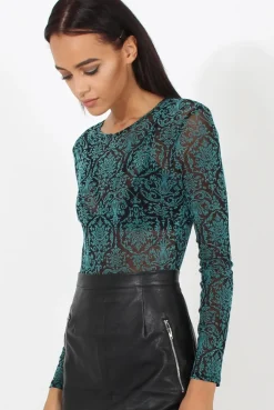 Rebellious Fashion Green Folk Print Sheer Bodysuit - Frances