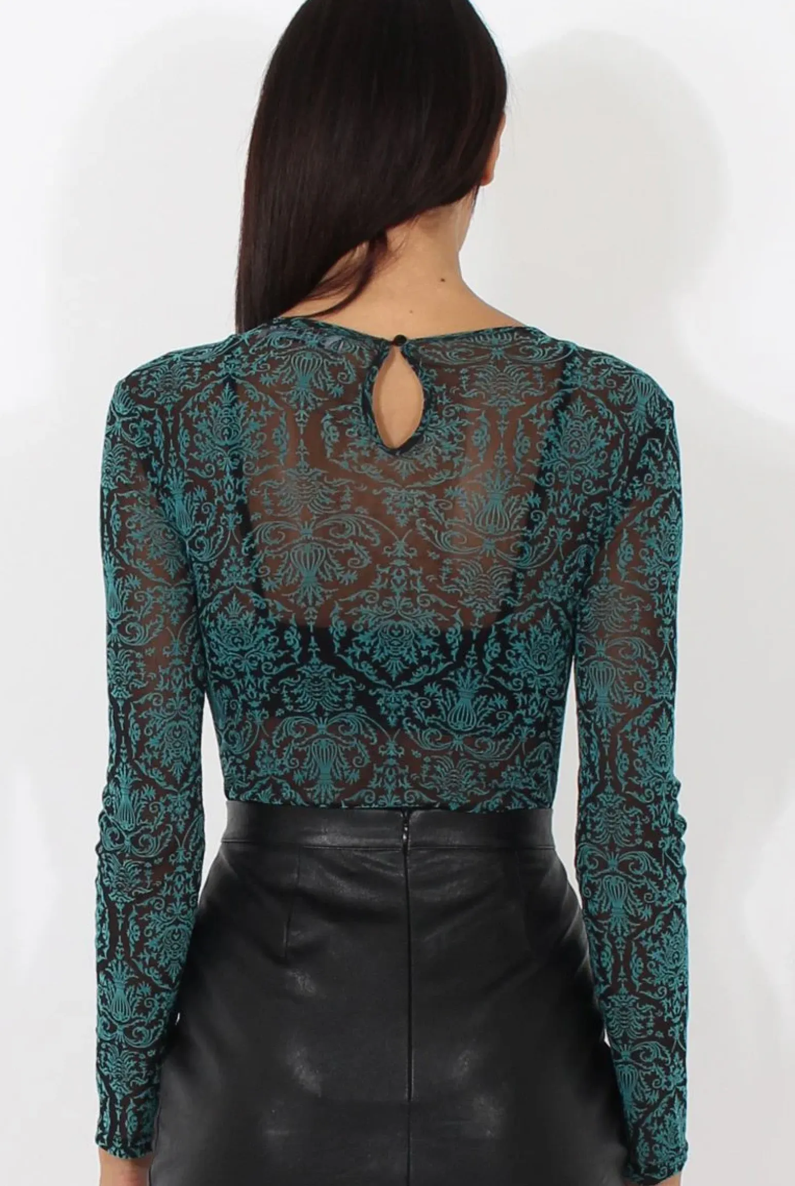 Rebellious Fashion Green Folk Print Sheer Bodysuit - Frances