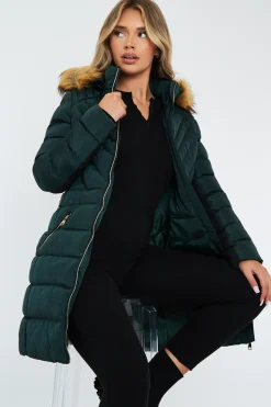 Rebellious Fashion Green Fur Hood Contrast Panel Puffer Coat - Chelsie