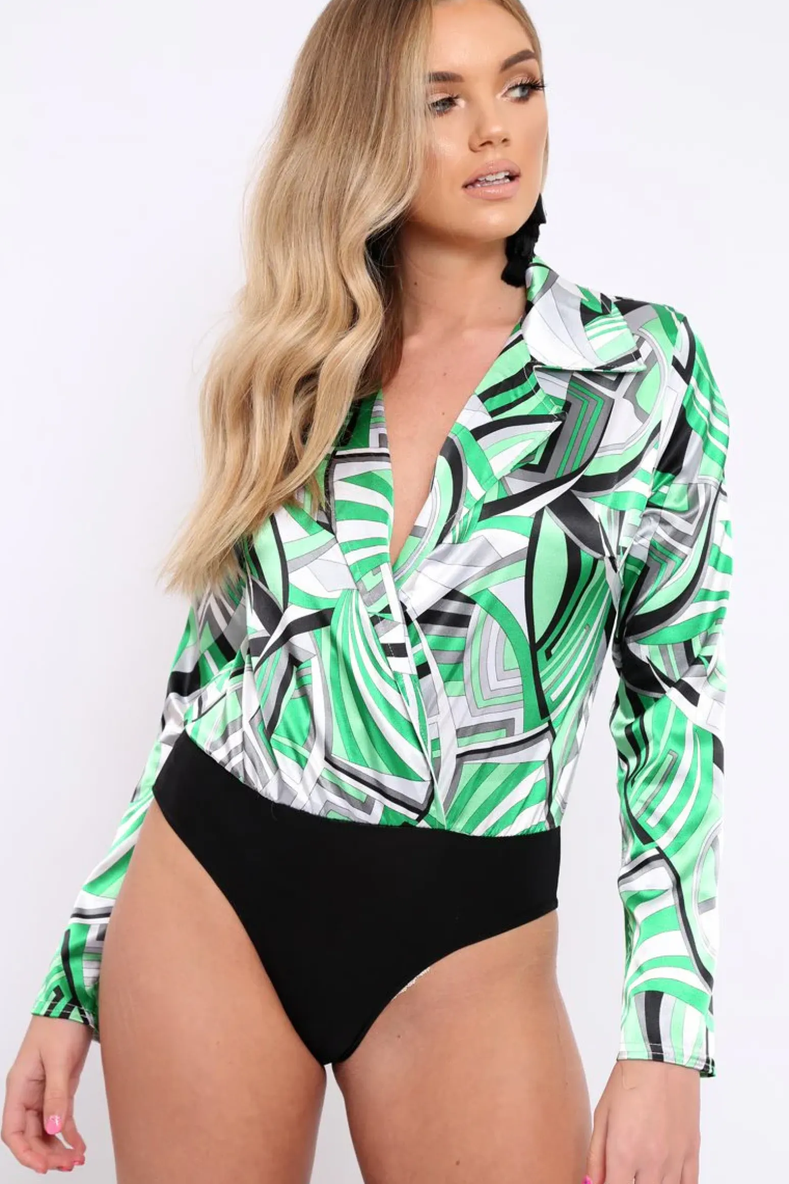 Rebellious Fashion Green Geometric Print Plunge Satin Bodysuit - Hetty