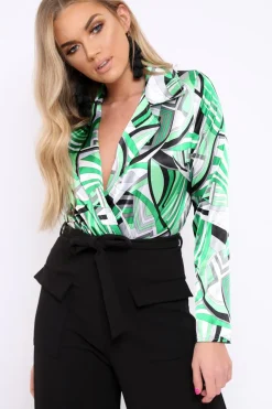 Rebellious Fashion Green Geometric Print Plunge Satin Bodysuit - Hetty