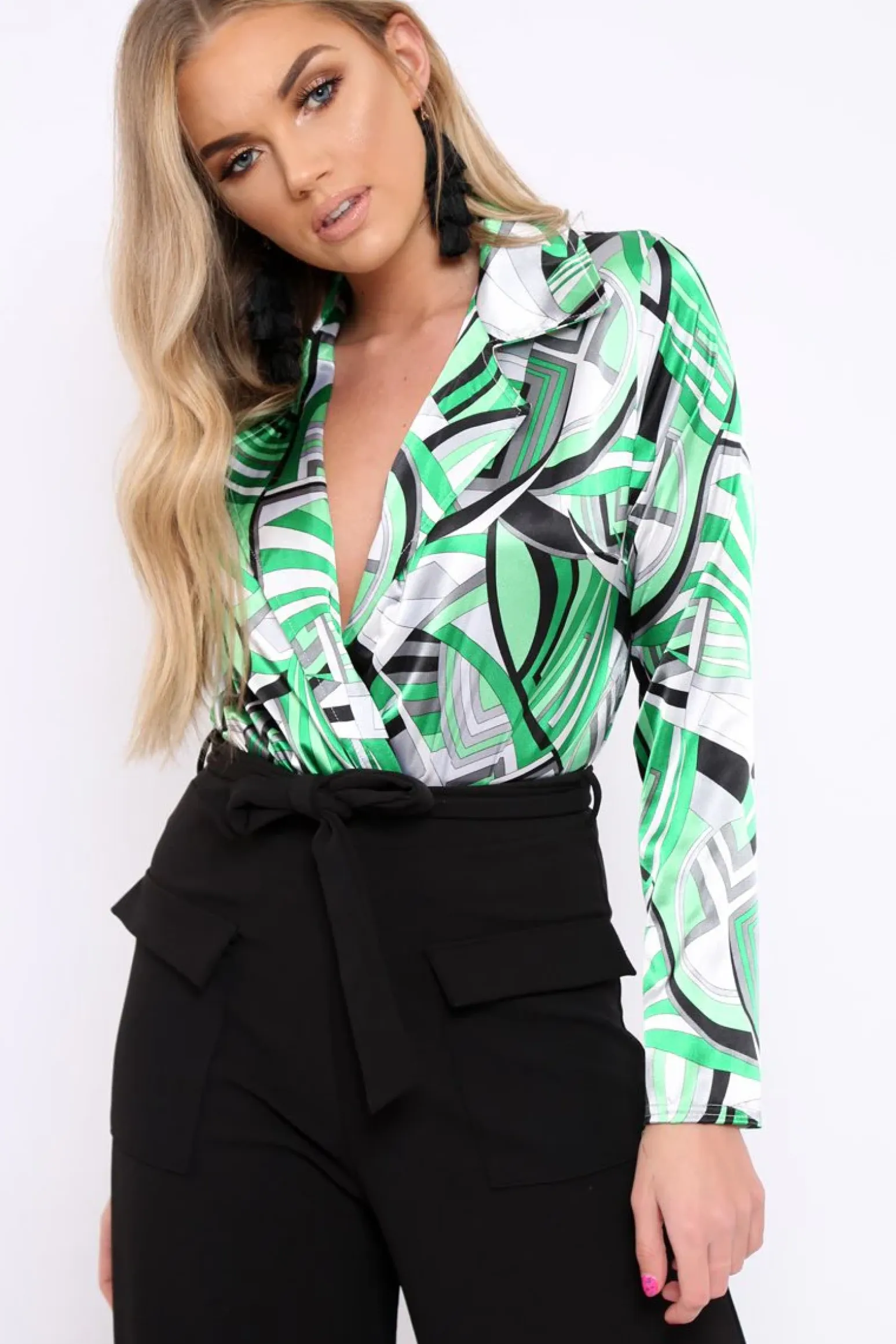 Rebellious Fashion Green Geometric Print Plunge Satin Bodysuit - Hetty