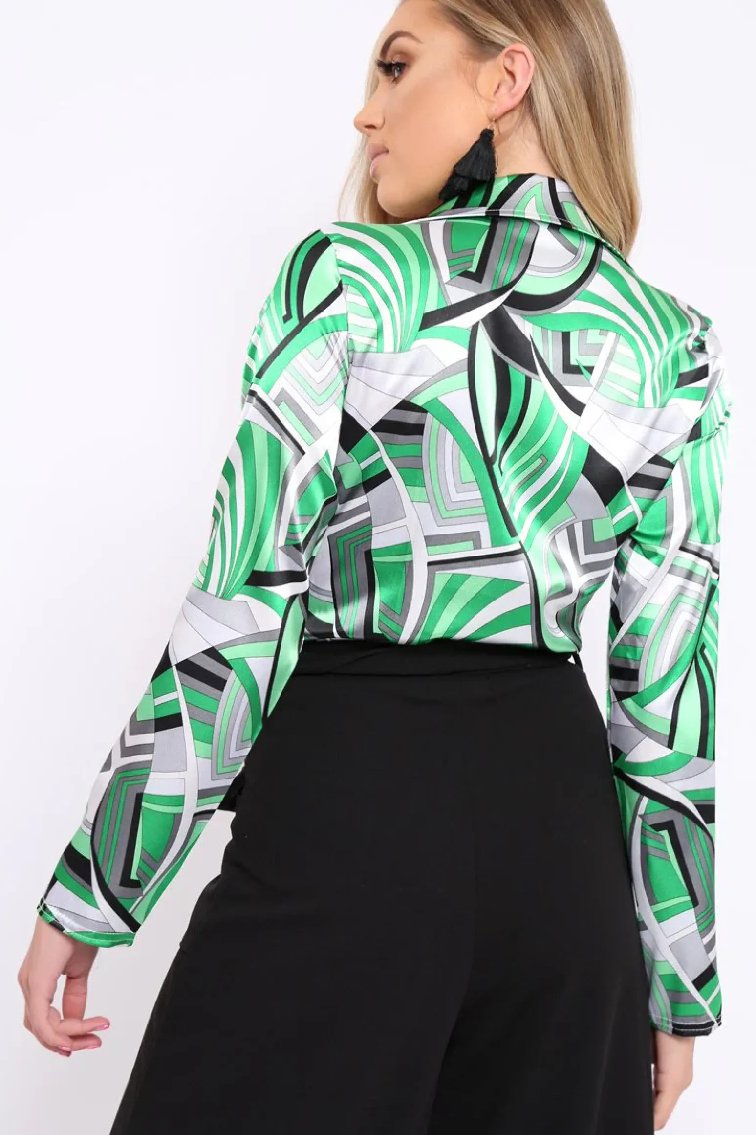 Rebellious Fashion Green Geometric Print Plunge Satin Bodysuit - Hetty