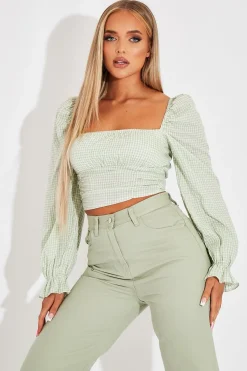 Rebellious Fashion Green Gingham Square Neckline Crop Top - Amora