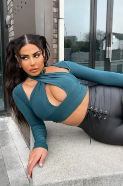 Rebellious Fashion Green Halter Neck Cut Out Crop Top - Sno