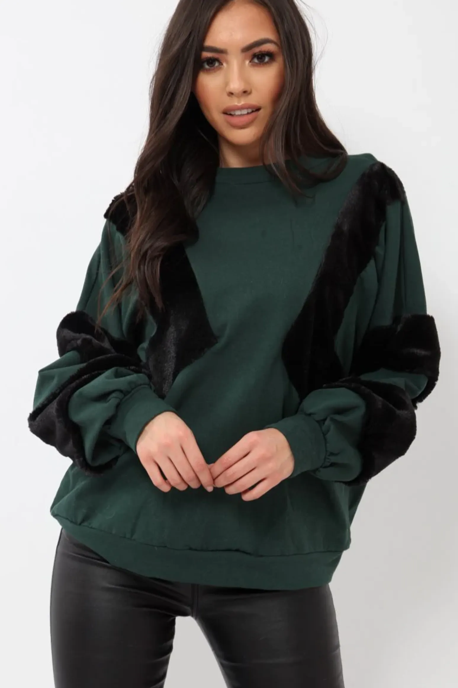 Rebellious Fashion Green Jumper with Fur on Front and Sleeves - Mercedes