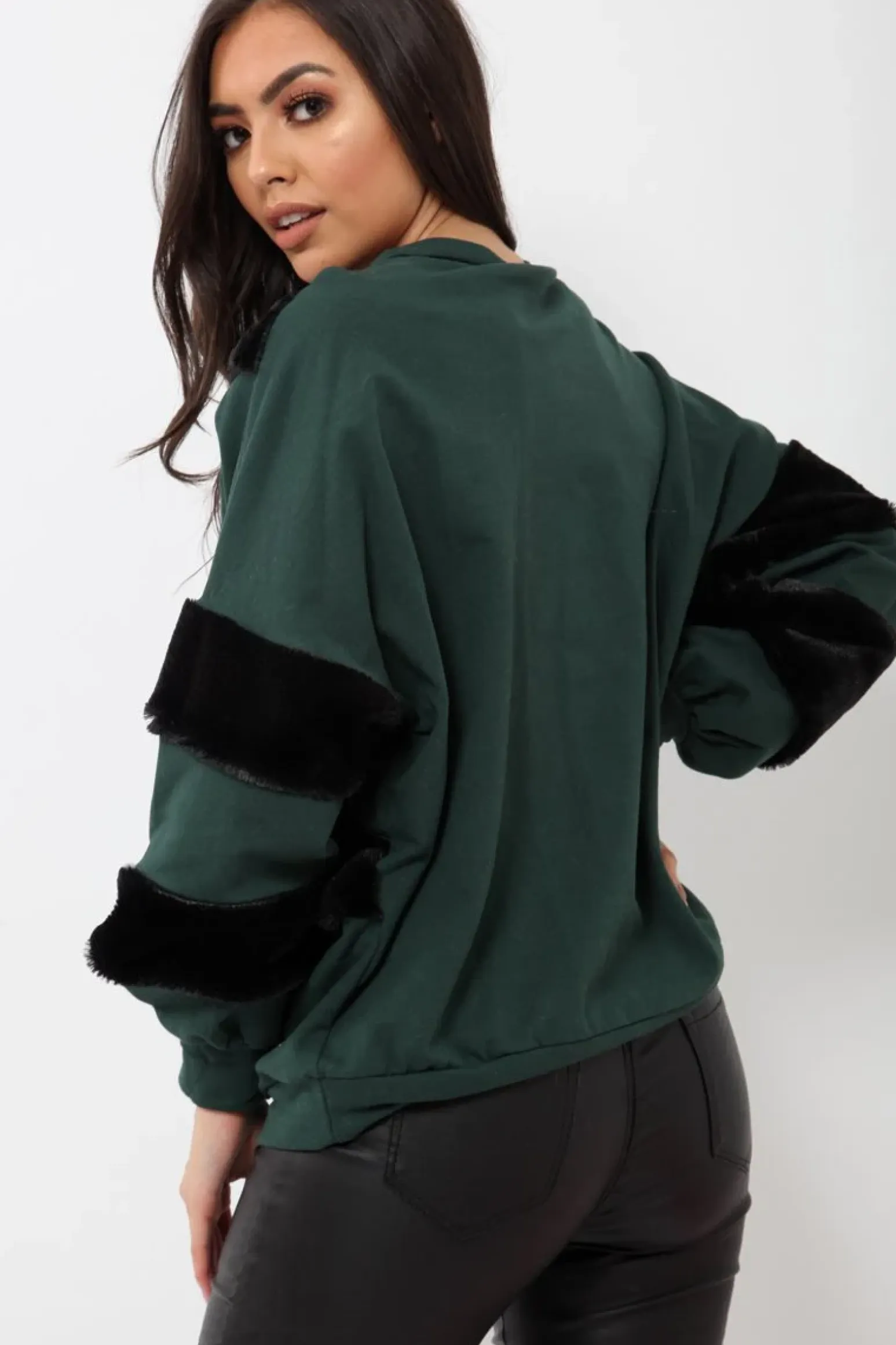 Rebellious Fashion Green Jumper with Fur on Front and Sleeves - Mercedes