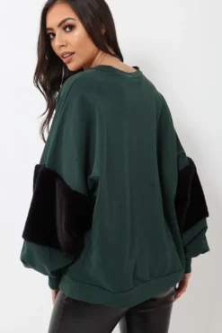 Rebellious Fashion Green Jumper with Fur Sleeves - Stephanie