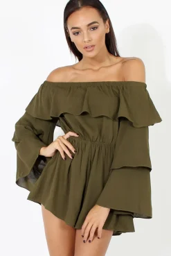Rebellious Fashion Green Layered Bardot Playsuit - Barbara