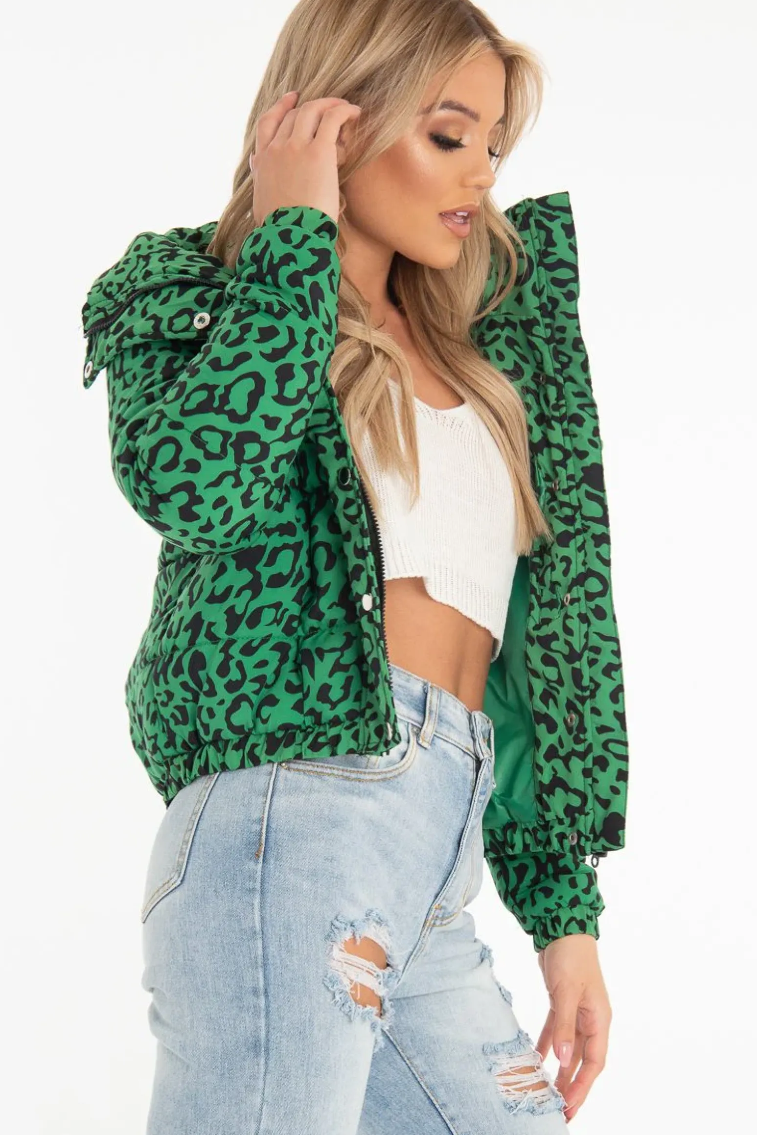 Rebellious Fashion Green Leopard Print Zip Front Puffer Coat - Lidya