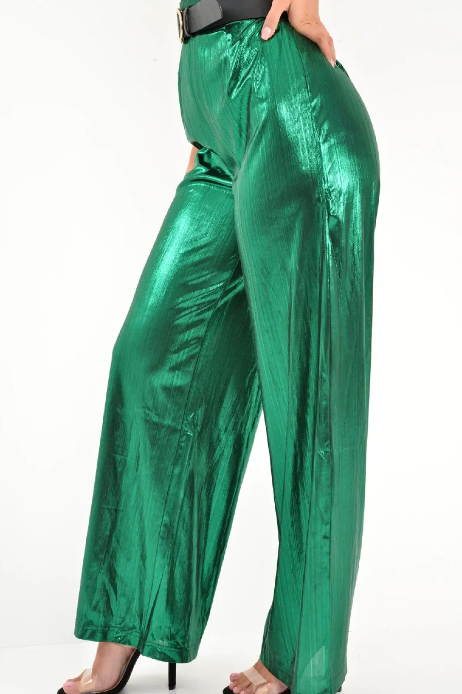 Rebellious Fashion Green Metallic High Waist Wide Leg Trousers - Lissette