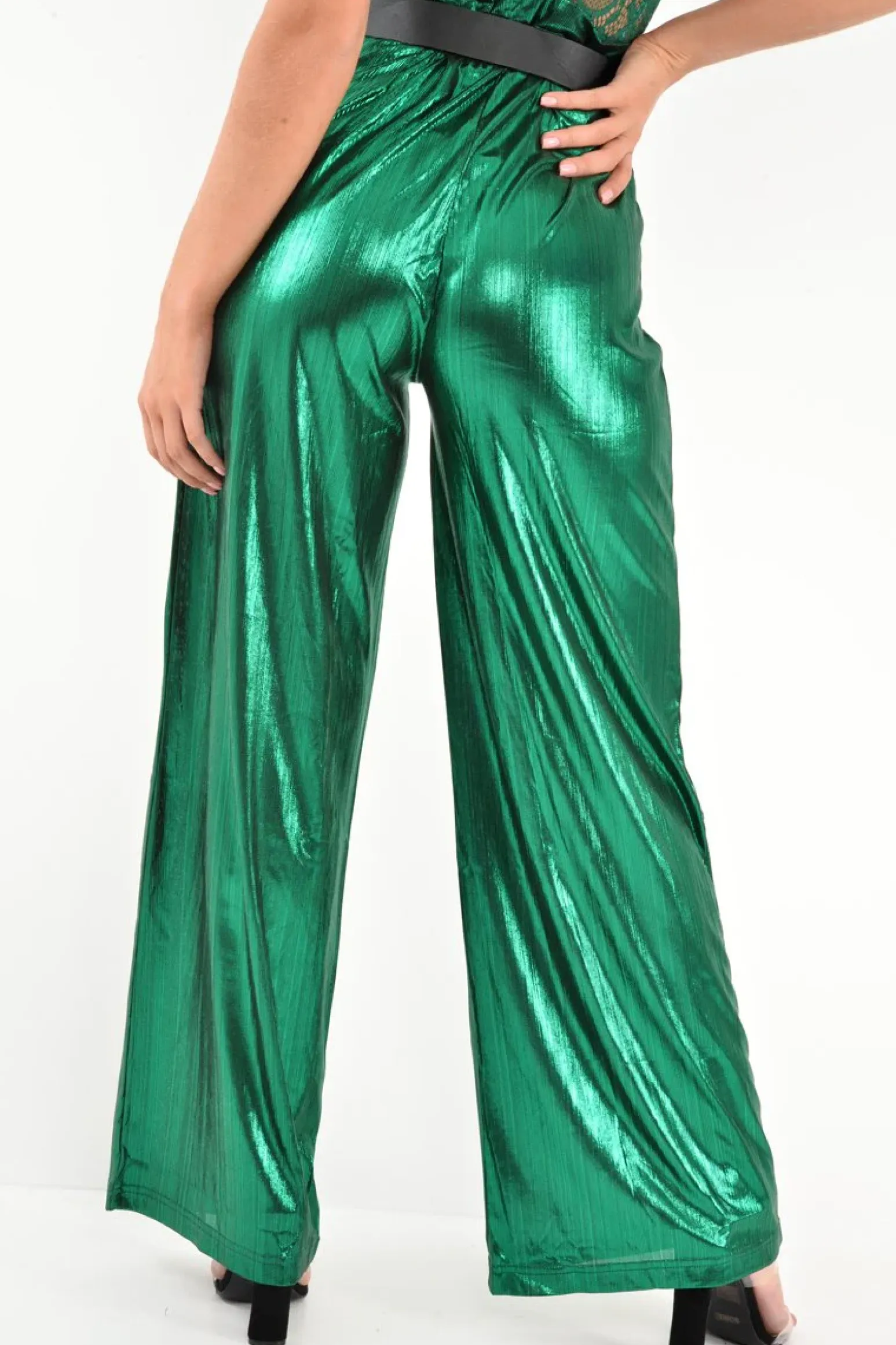 Rebellious Fashion Green Metallic High Waist Wide Leg Trousers - Lissette