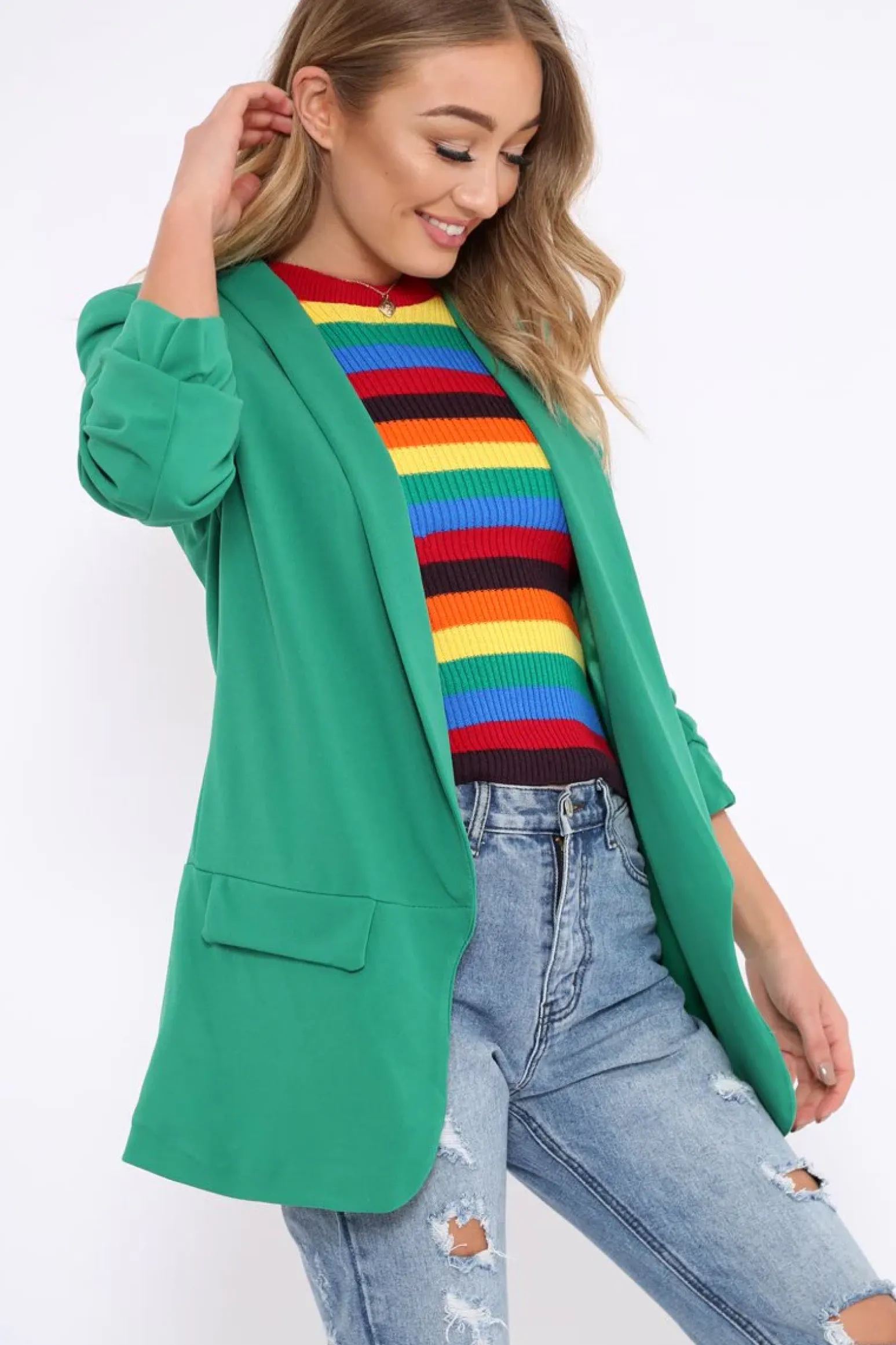Rebellious Fashion Green Open Front Ruffled Sleeves Blazer - Kanna